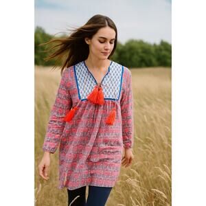 SZ Block Prints Tunic Top with Tassel Accents Red Size Medium Made in India Boho